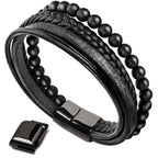 Natural Lava Rock Black Onyx Bead Leather Bracelet