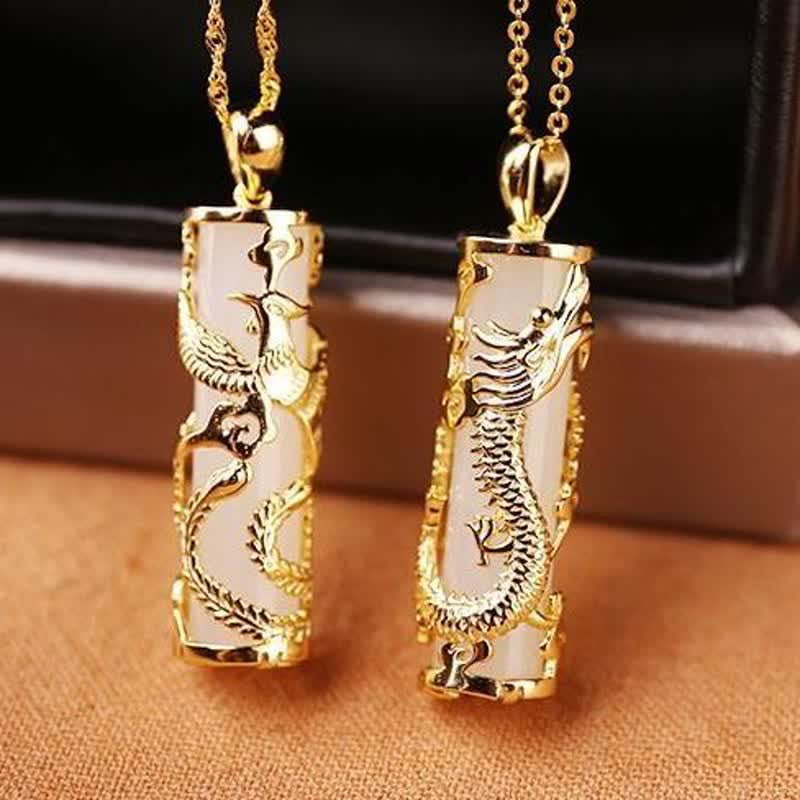 Jade Dragon Phoenix Copper Blessing Harmony Necklace Pendant
