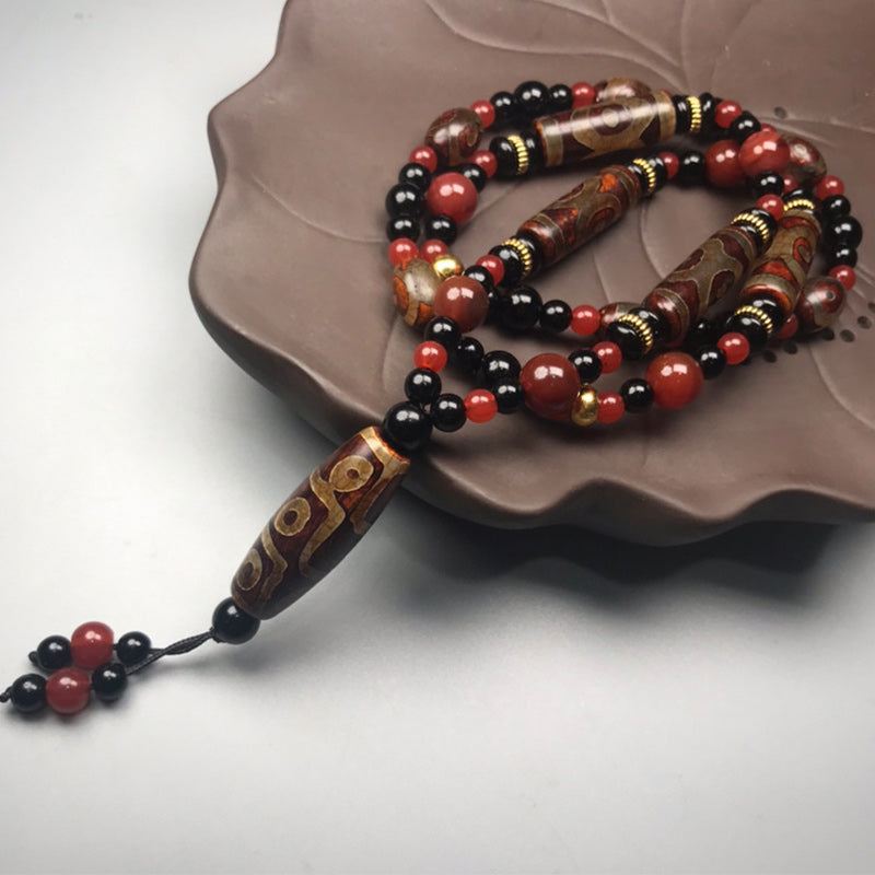 Nine-Eye Dzi Bead Red Agate Wealth Health Necklace