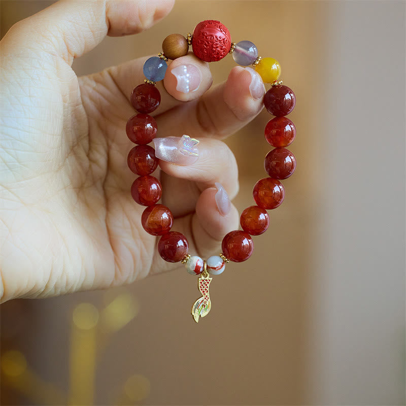 Natural Red Agate Peace Talisman Fu Character Dragon Tail Confidence Charm Bracelet