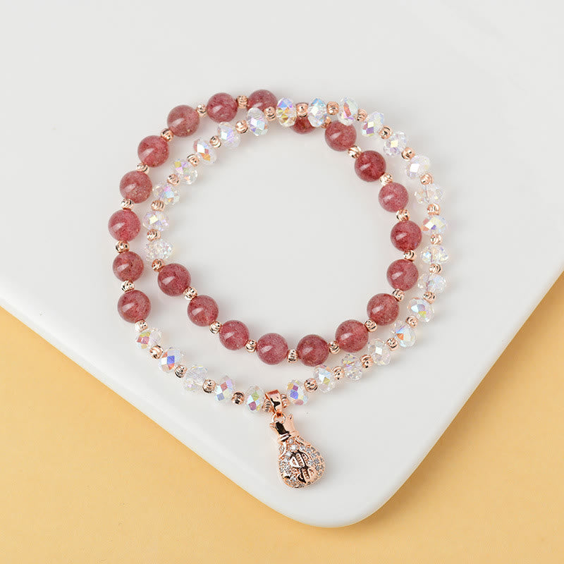 Strawberry Quartz White Crystal Money Bag Charm Positive Bracelet
