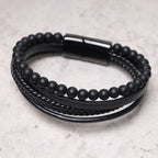 Natural Lava Rock Black Onyx Bead Leather Bracelet