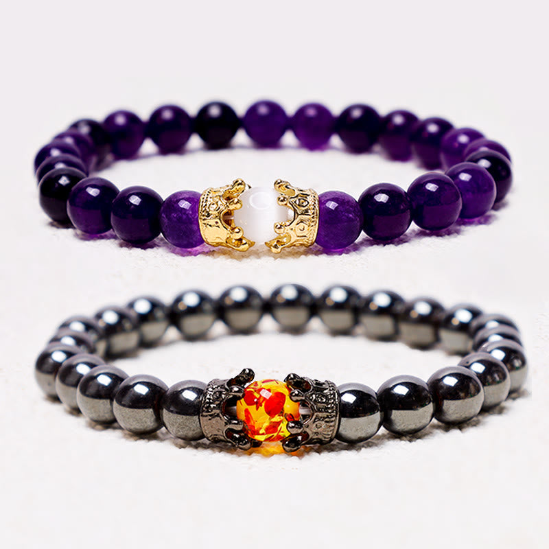 Natural Stone King & Queen Crown Healing Energy Beads Couple Bracelet