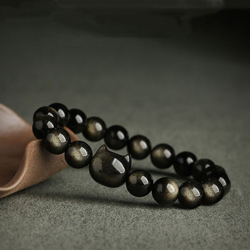 Gold Sheen Obsidian Silver Sheen Obsidian Lovely Paw Lucky Cat Protection Bracelet