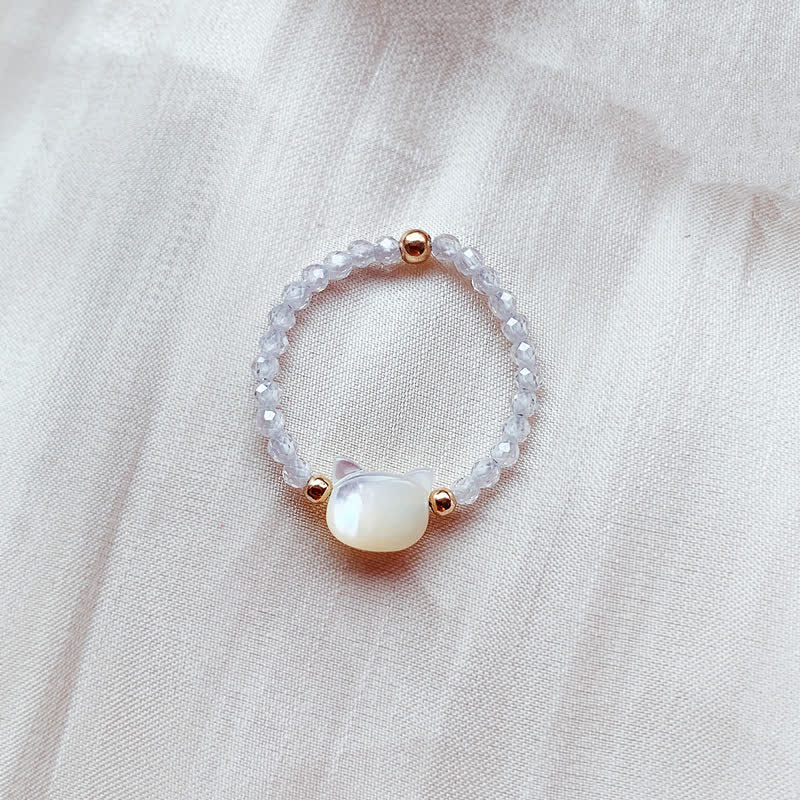 Natural Tridacna Stone Lovely Cat 14K Gold Plated Blessing Ring