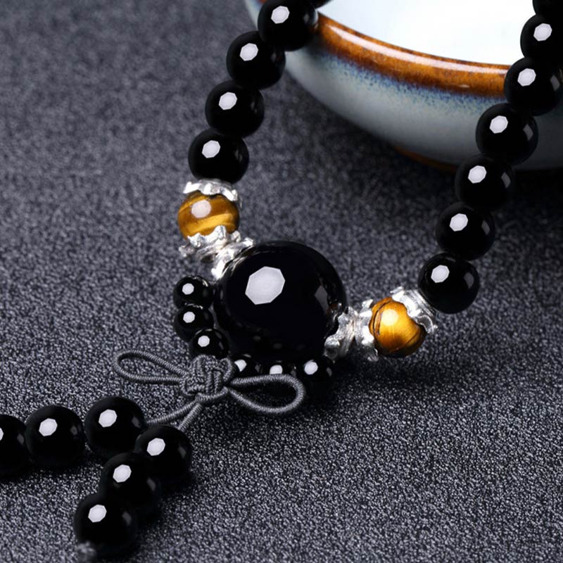 108 Beads Natural Black Obsidian Tiger Eye Mala Bracelet