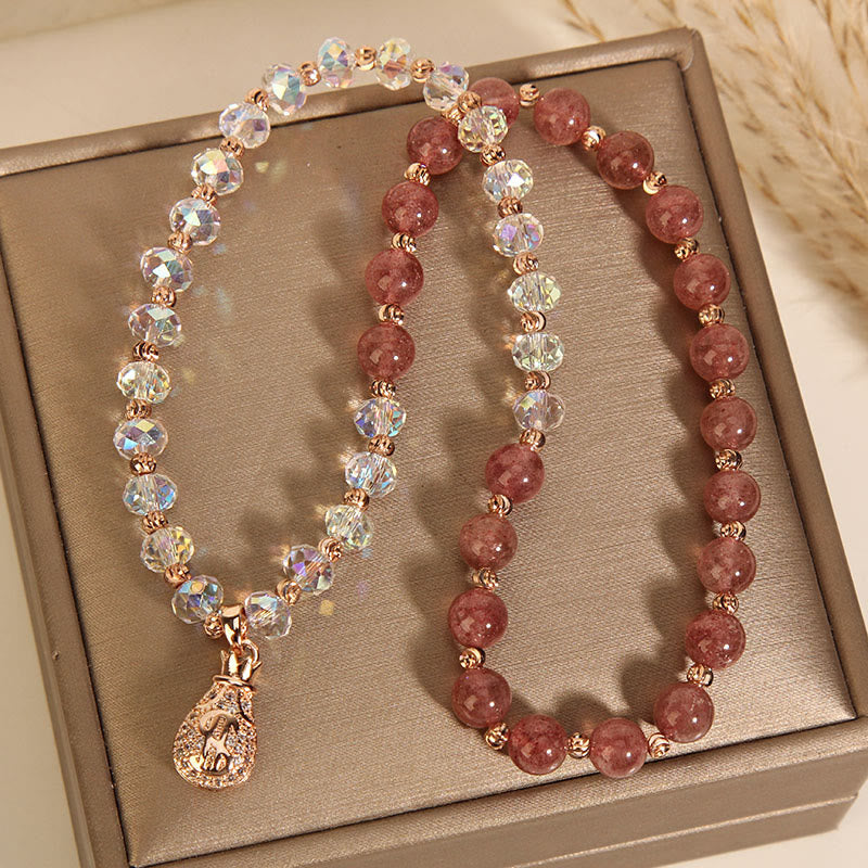 Strawberry Quartz White Crystal Money Bag Charm Positive Bracelet