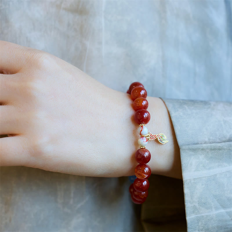 Natural Red Agate Peace Talisman Fu Character Dragon Tail Confidence Charm Bracelet