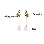Vintage White Jade Red Agate Bead Blessing Drop Dangle Earrings