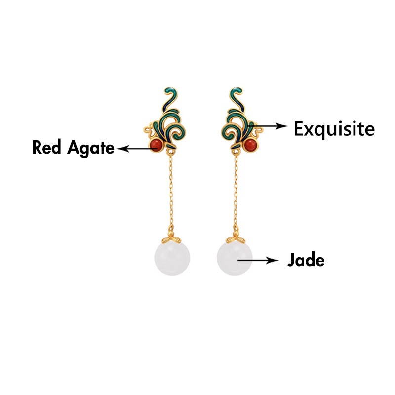 Vintage White Jade Red Agate Bead Blessing Drop Dangle Earrings