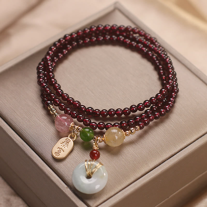 Natural Garnet Strawberry Quartz Crystal Fox Koi Fish Peace Buckle Fortune Protection Triple Wrap Bracelet