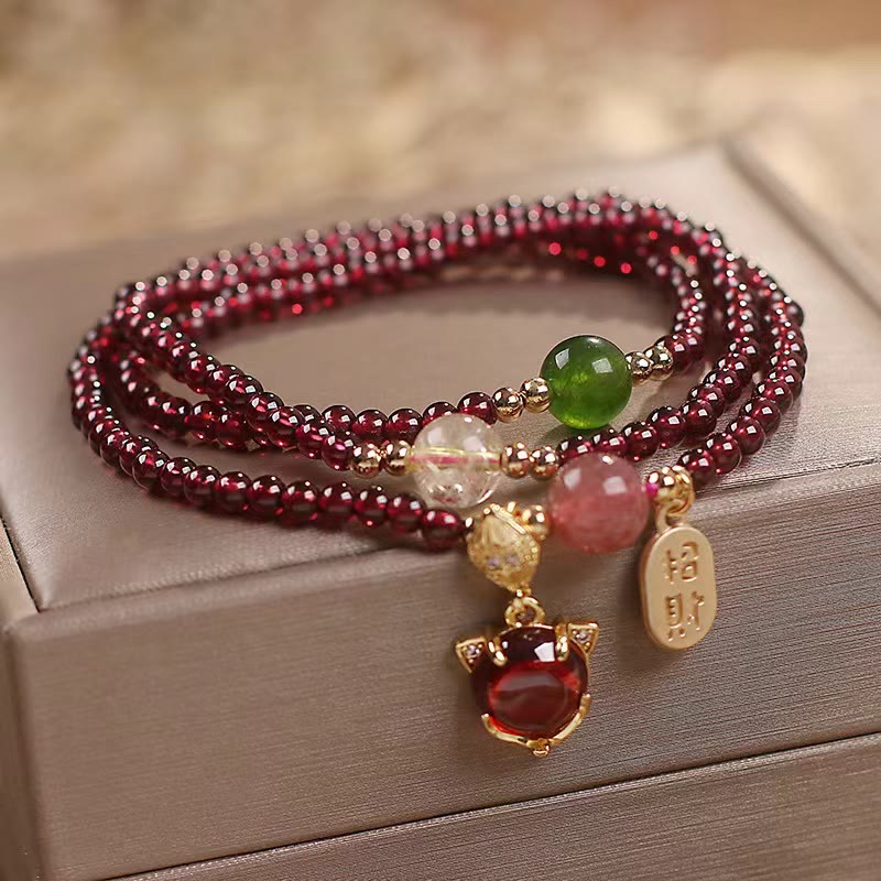 Natural Garnet Strawberry Quartz Crystal Fox Koi Fish Peace Buckle Fortune Protection Triple Wrap Bracelet