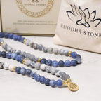 108 Natural Picasso Jasper & Blue Stone Mala Bead Lotus Pendant Bracelet