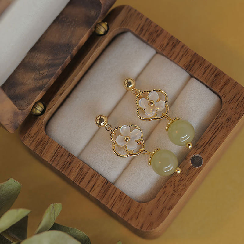 Tridacna Stone Flower Jade Bead Blessing Drop Earrings