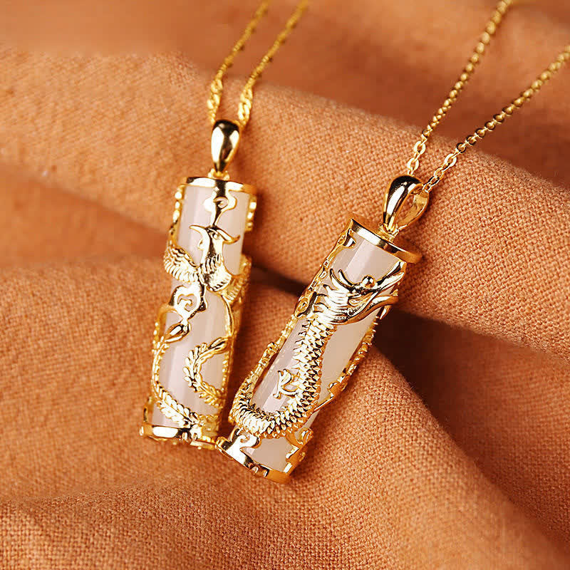 Jade Dragon Phoenix Copper Blessing Harmony Necklace Pendant