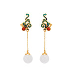 Vintage White Jade Red Agate Bead Blessing Drop Dangle Earrings