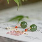925 Sterling Silver Plated 14k Gold Hetian Jade Red Agate Luck Drop Dangle Earrings