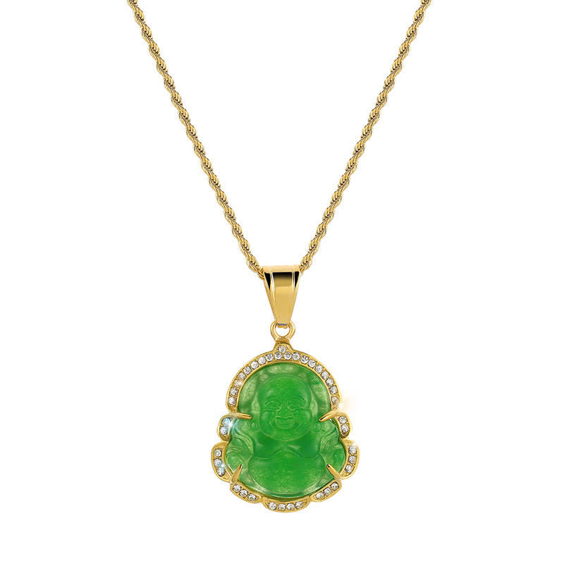 18K Gold Filled Laughing Buddha Jade Luck Necklace Chain Pendant