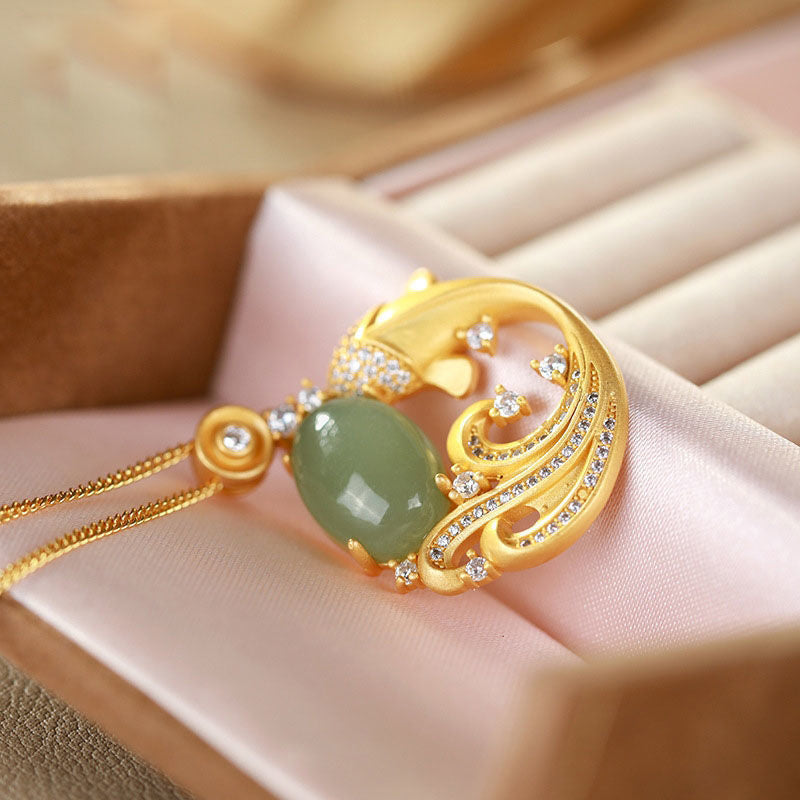 Cyan Jade Koi Fish Healing Calm Necklace Pendant