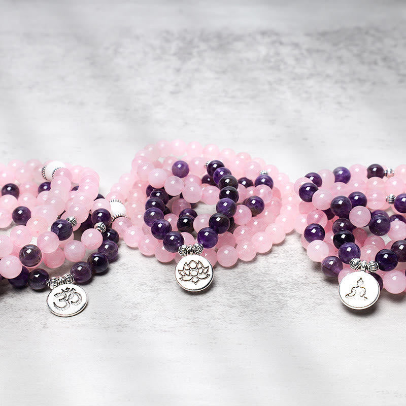 Natural Rose Quartz & Amethyst Mala Bead Lotus Pendant Bracelet