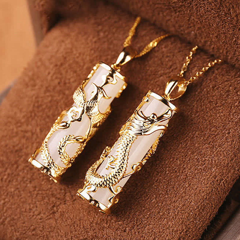 Jade Dragon Phoenix Copper Blessing Harmony Necklace Pendant