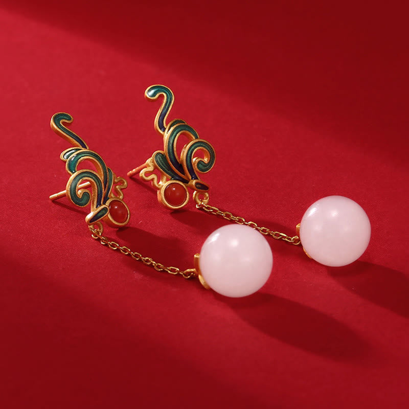 Vintage White Jade Red Agate Bead Blessing Drop Dangle Earrings