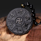 Natural Black Obsidian Tibetan Om Mani Padme Hum Buddha Swastika Luck Necklace Pendant