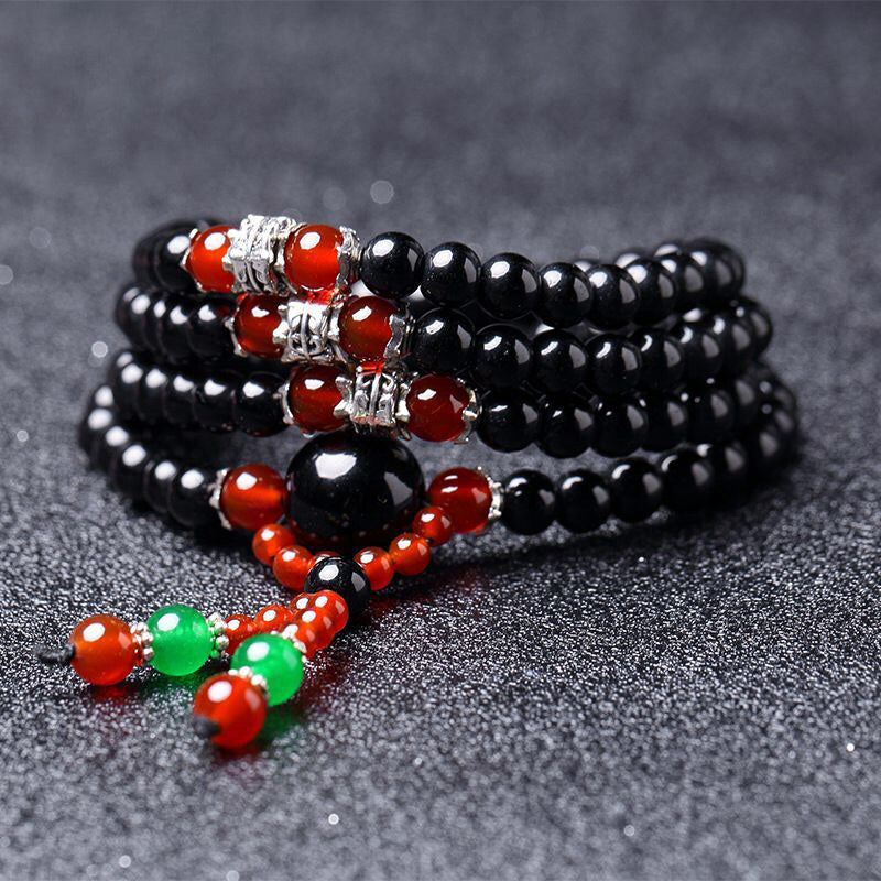 108 Beads Natural Black Obsidian Tiger Eye Mala Bracelet