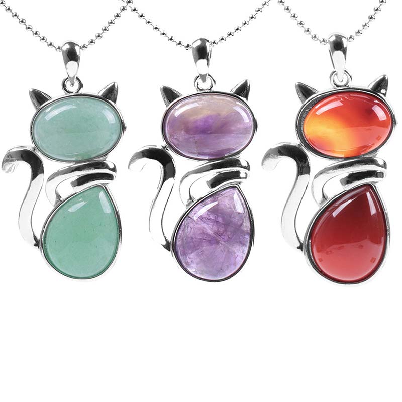 Cat Pattern Natural Crystal Protection Necklace Pendant