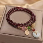 Natural Garnet Strawberry Quartz Crystal Fox Koi Fish Peace Buckle Fortune Protection Triple Wrap Bracelet