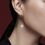 Vintage White Jade Red Agate Bead Blessing Drop Dangle Earrings