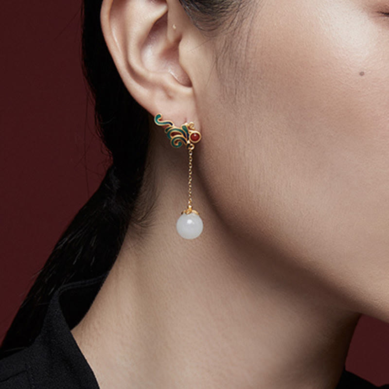 Vintage White Jade Red Agate Bead Blessing Drop Dangle Earrings