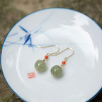 925 Sterling Silver Plated 14k Gold Hetian Jade Red Agate Luck Drop Dangle Earrings
