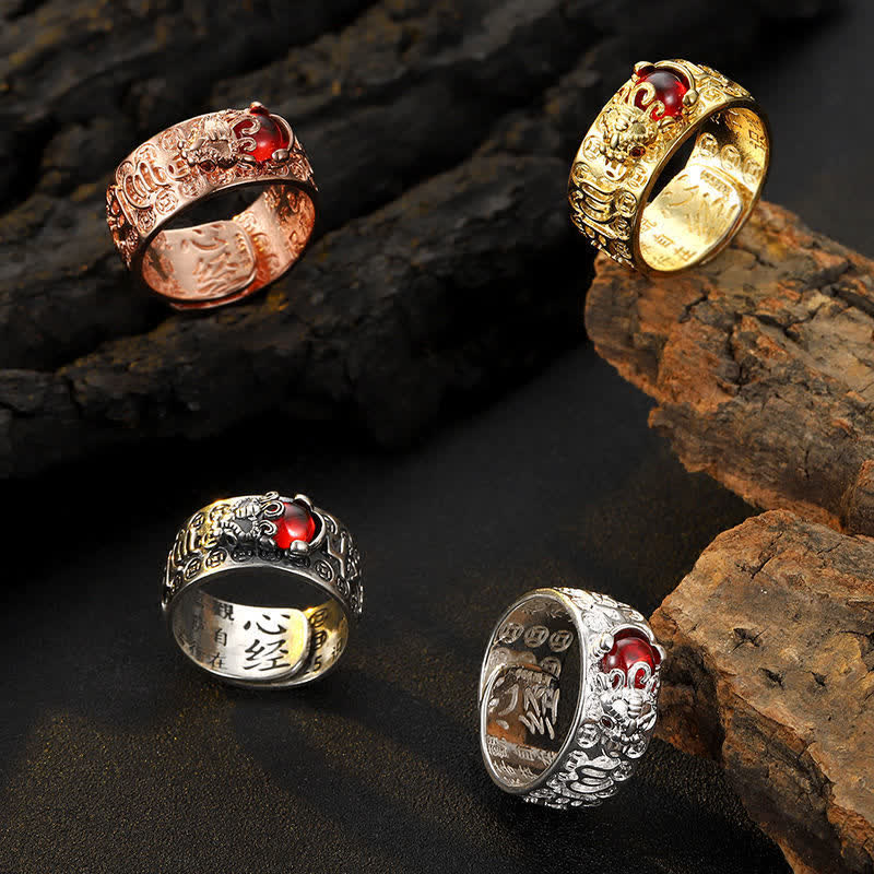 FengShui PiXiu Red Garnet Heart Sutra Wealth Ring