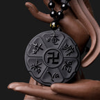 Natural Black Obsidian Tibetan Om Mani Padme Hum Buddha Swastika Luck Necklace Pendant