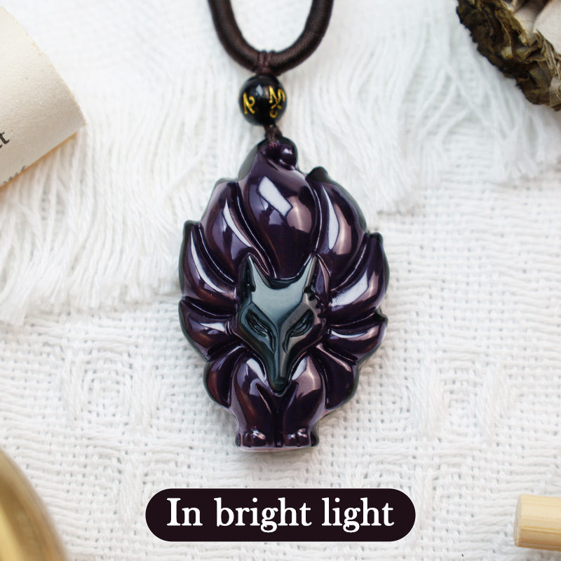 Natural Rainbow Obsidian Gold Sheen Obsidian Nine Tailed Fox Positive Necklace Pendant