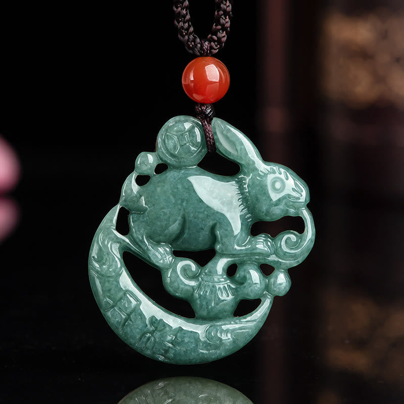 Year of the Rabbit Jade Luck Crescent Moon Necklace Pendant