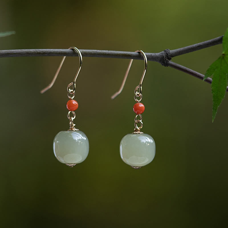 925 Sterling Silver Plated 14k Gold Hetian Jade Red Agate Luck Drop Dangle Earrings