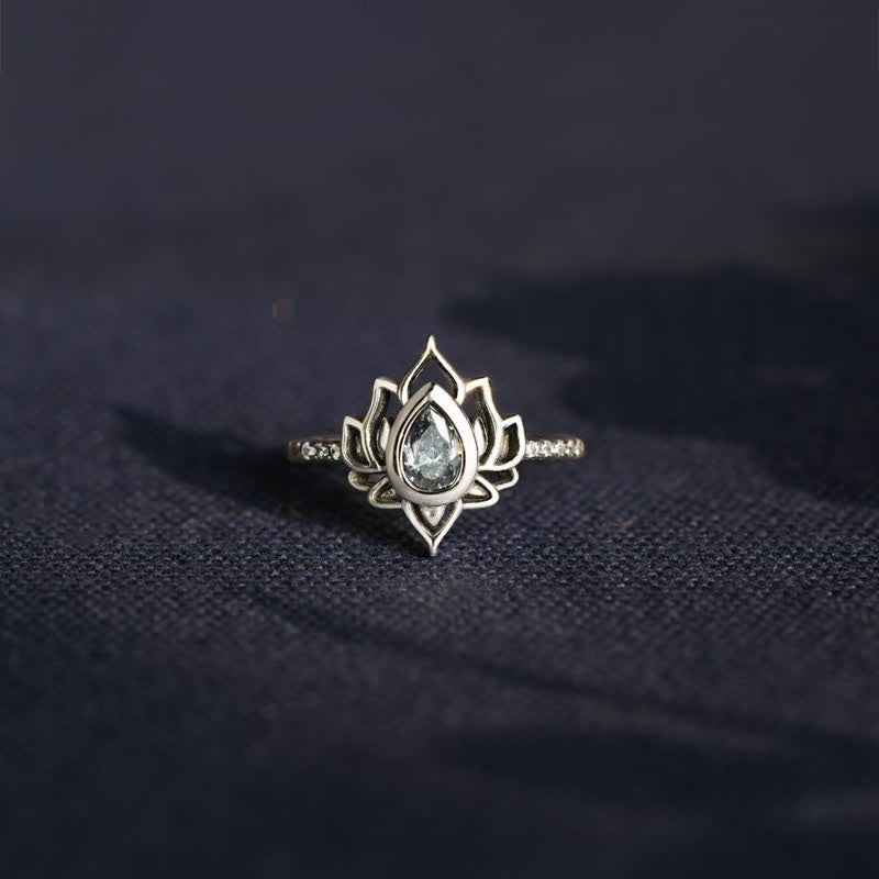 Sterling Silver Lotus Zircon Blessing Protection Ring