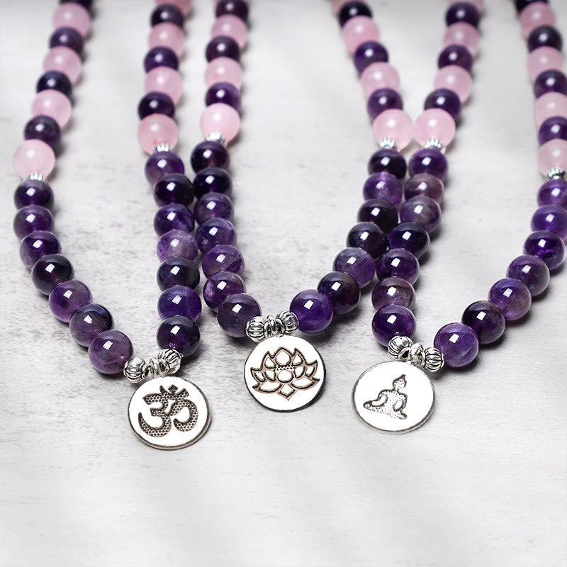 Natural Rose Quartz & Amethyst Mala Bead Lotus Pendant Bracelet