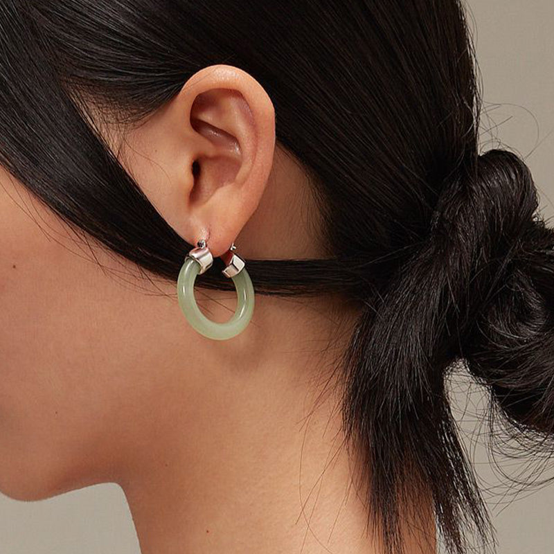 Round Jade White Jade Prosperity Earrings