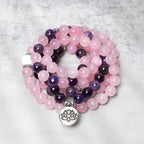 Natural Rose Quartz & Amethyst Mala Bead Lotus Pendant Bracelet