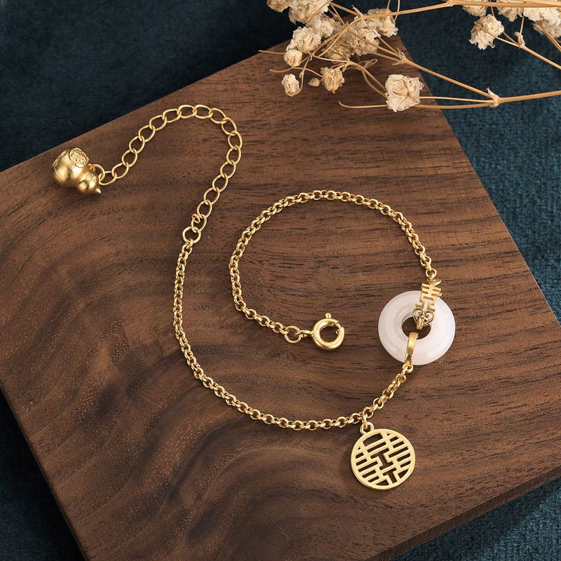 White Jade Double Happiness Fortune Bracelet