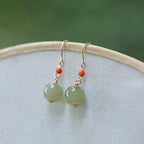 925 Sterling Silver Plated 14k Gold Hetian Jade Red Agate Luck Drop Dangle Earrings