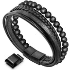 Natural Lava Rock Black Onyx Bead Leather Bracelet