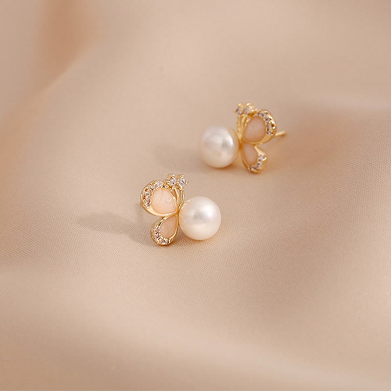 18k Gold Plated Pearl Butterfly Love Freedom Stud Earrings