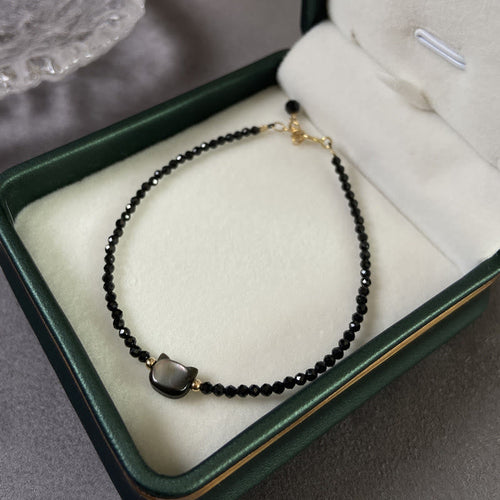 14K Gold Plated Black Spinel White Crystal Cute Cat Tridacna Stone Healing Bracelet