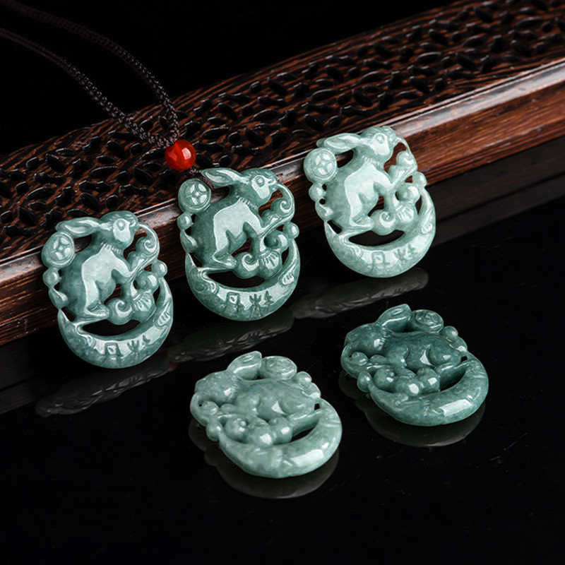 Year of the Rabbit Jade Luck Crescent Moon Necklace Pendant