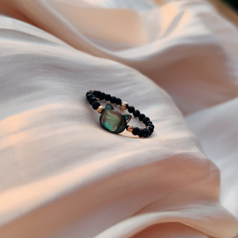 Natural Tridacna Stone Lovely Cat 14K Gold Plated Blessing Ring