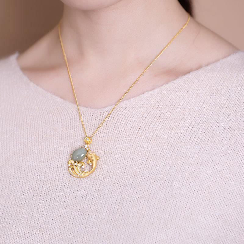 Cyan Jade Koi Fish Healing Calm Necklace Pendant